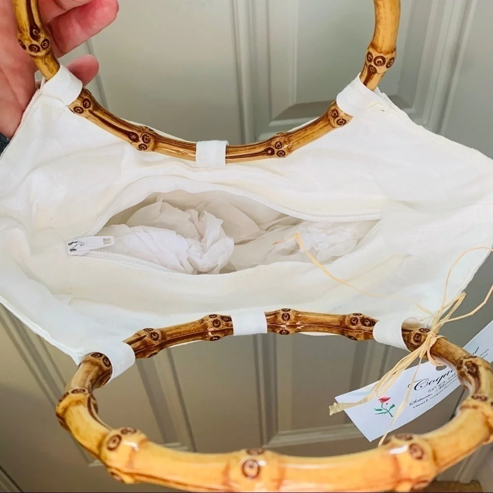 Coquelicot || NWT Bamboo Double Top Handle & Topiary White Small Satchel Bag - Picture 7 of 8